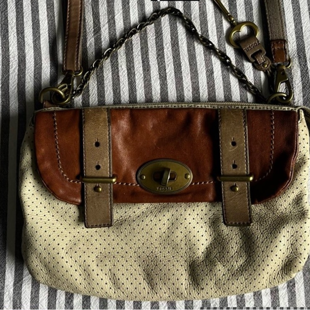 Fossil brown and off white leather crossbody purse - lots of compartments.